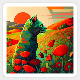 Cat Watching Sunset in a Field of Flowers Sticker